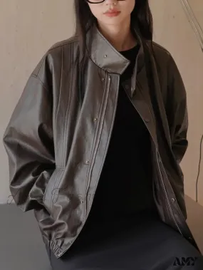 Artificial Leather Streetwear PU Stand Collar Korean Style Loose Motorcycle Outdoor Jacket