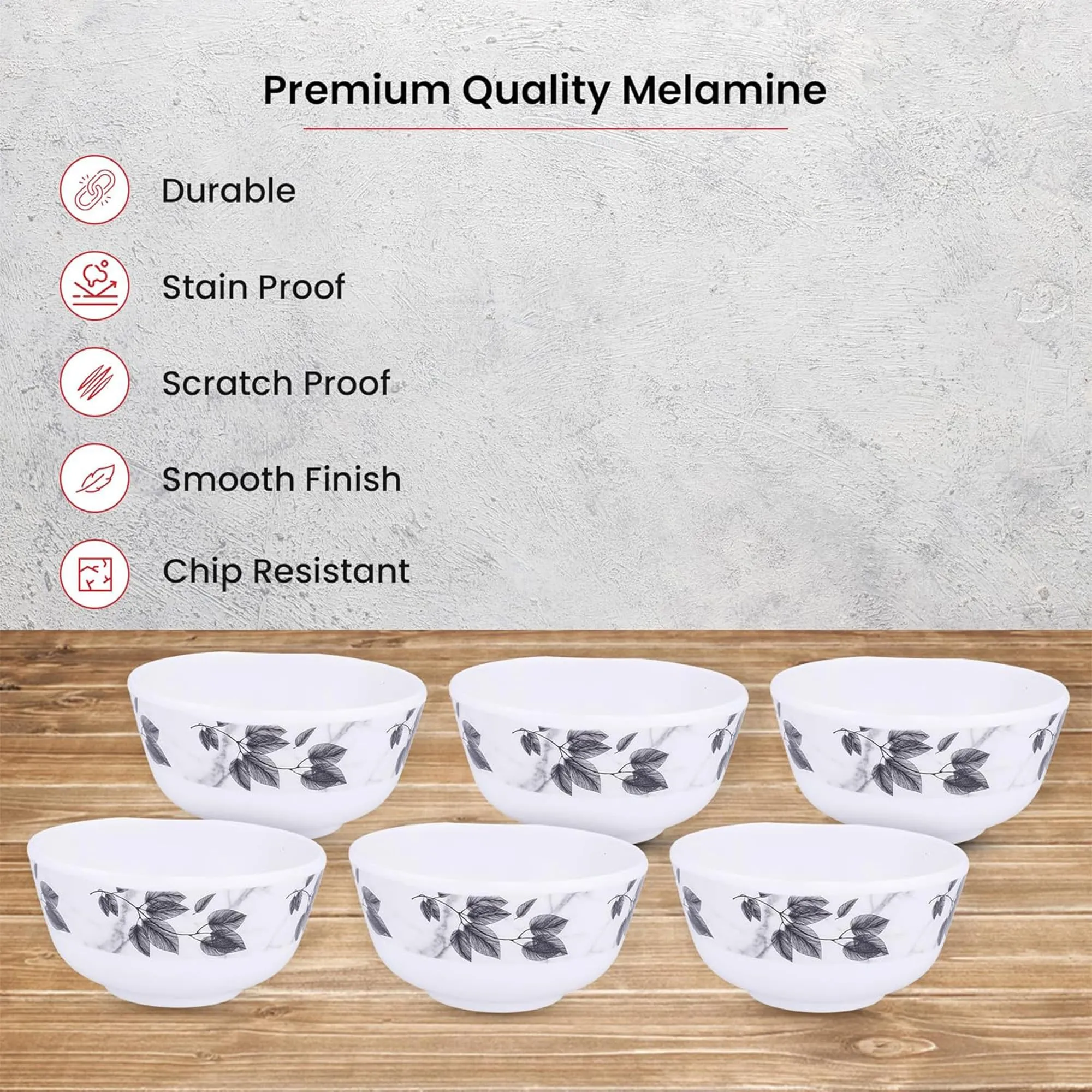 Kuber Industries Shatter Resistant Melamine White Bowls Set of 6 | Lightweight, BPA Free Aesthetic Bowl Set | Black Floral Print - White