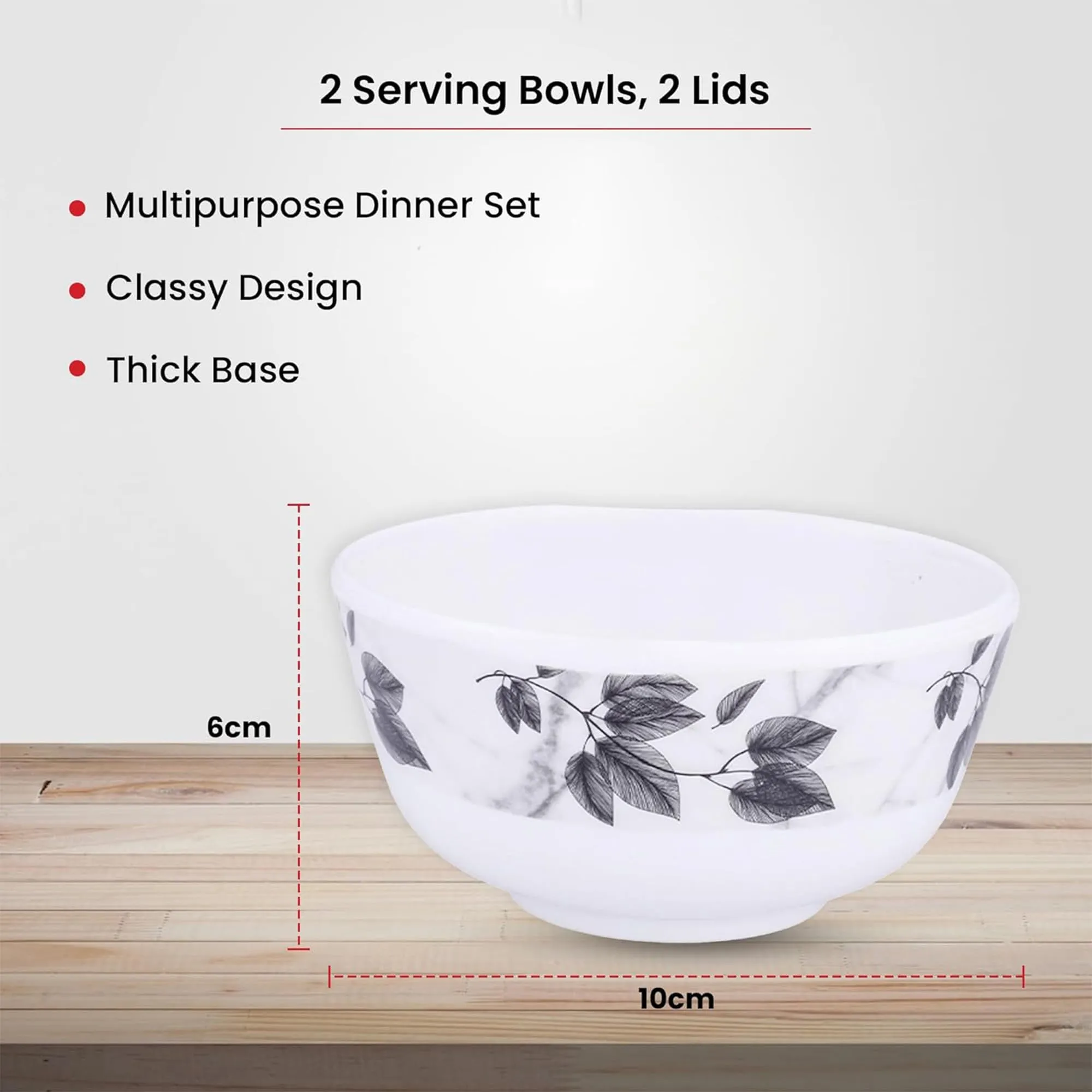 Kuber Industries Shatter Resistant Melamine White Bowls Set of 6 | Lightweight, BPA Free Aesthetic Bowl Set | Black Floral Print - White